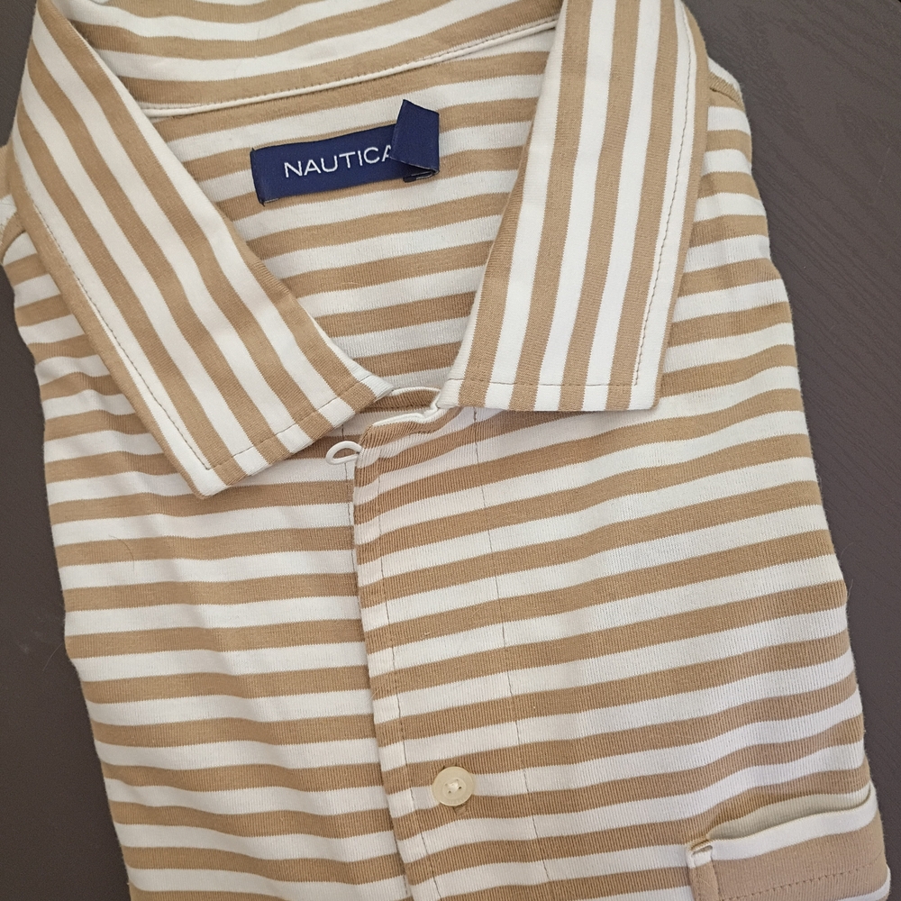 Nautica Men's Beige and White Striped Shirt. NEW 50" Chest 100% Cotton